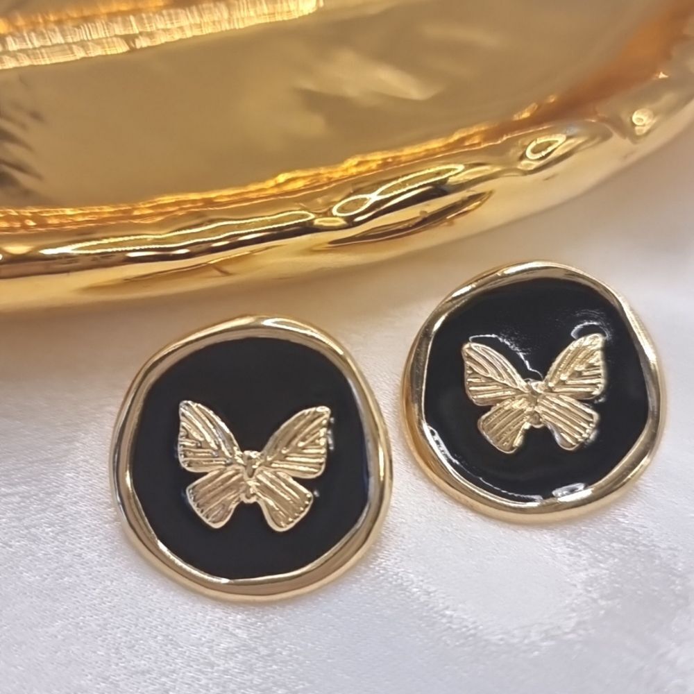 New! Vintage Style Black Enamel Gold Butterfly Stud Earrings Gold Plated A4 NWOT